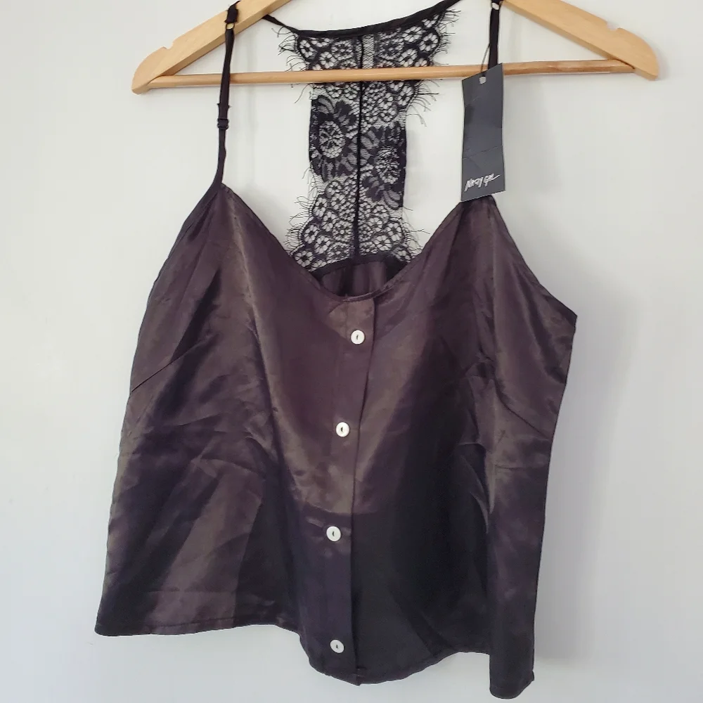 NWT NASTY GAL Sz M Black Silky Cami Top Spaghetti Straps Eyelash Lace T-Back Y2K - Picture 9 of 16